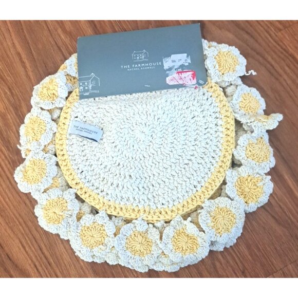 New Rachel Ashwell The Farmhouse Placemats Set of 4 Crochet Yellow White 15" - Picture 2 of 6